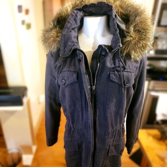 LOFT Cargo Utility Charcoal Grey Zip up & snap Removable Fur Trim Hood Petite Lg - Picture 4 of 10